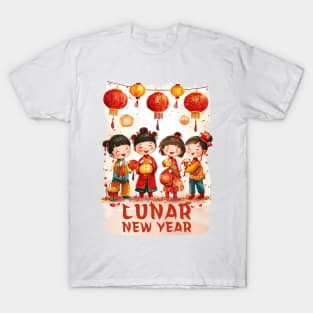 Children's Lunar New Year Celebration - Festive Kids in Red, Brown, Green & Yellow Watercolor Attire T-Shirt